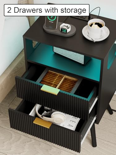 Leomonio Nightstand with Charging Station and LED Lights, Modern Bedside Table with 2 Storage Drawer and Open Wood Shelf for Bedroom and Small Spaces, Night Stand with Solid Wood Legs - color: Black-outlet