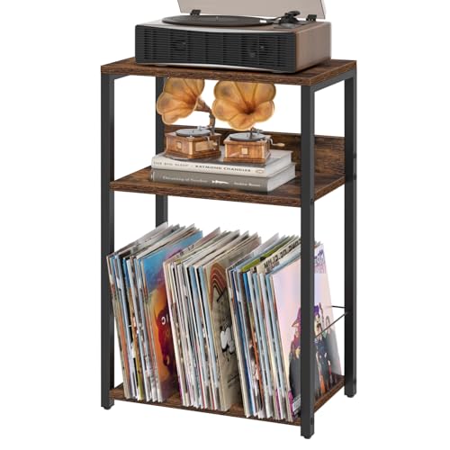 Record Player Stand, 3-Tier End Side Table with Vinyl Record Storage, Vinyl Record Holder Up to 120 Albums, Turntable Stand with Vinyls Storage for Music Living Room, Brown - color: Brown, style: Simple