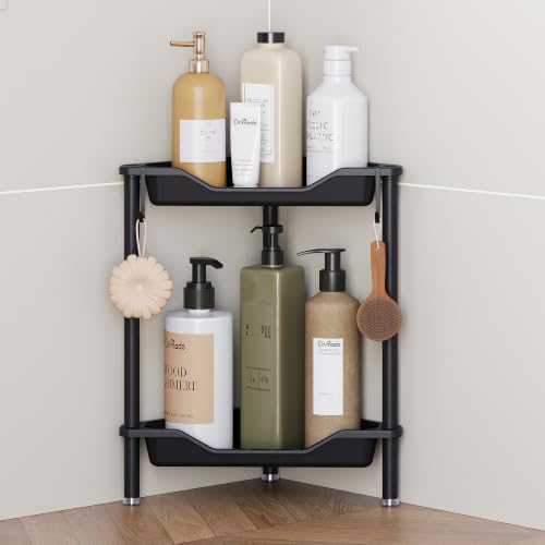 Orimade Rustproof 2 Tier Floor Standing Corner Shower Caddy Organizer, Plastic Aluminum Splicing Floor Corner Shelf Rack Stands for Bathroom, Black - color: Black, size: 2 Tier