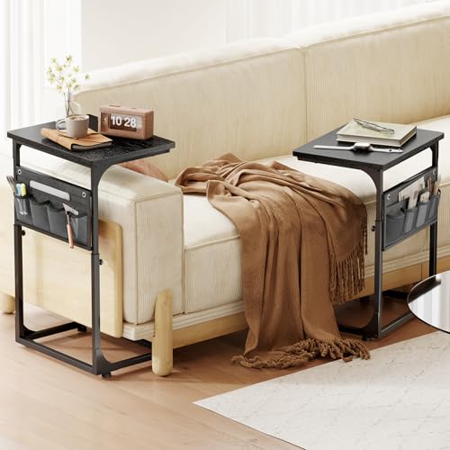 Fixwal C Shaped Side Table Adjustable Height End Table for Couch Small Sofa Table TV Tray with Storage Bag for Living Room, Bedroom & Office, Black - color: Black, style: Wide Board