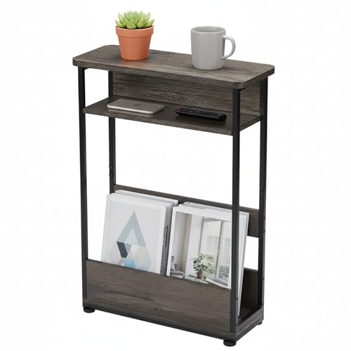 Vintage Narrow Side Table with Storage Shelf, 3 Tier Slim End Table Modern Sofa Table for Narrow and Small Spaces, 24.6 Inch Height Bedside Table Nightstand (Grey, Large) - color: Grey