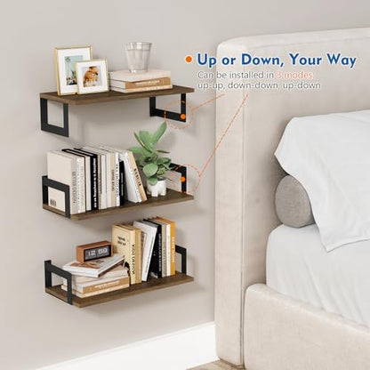 Harwaya Floating Book Shelves for Wall Set of 3, 17 x 8 Inch Deep Wooden Wall Bookshelf for Bedroom Office, Rustic Wood Hanging Wall Shelves for Living Room Kitchen (Dark Brown) - color: Rustic Brown
