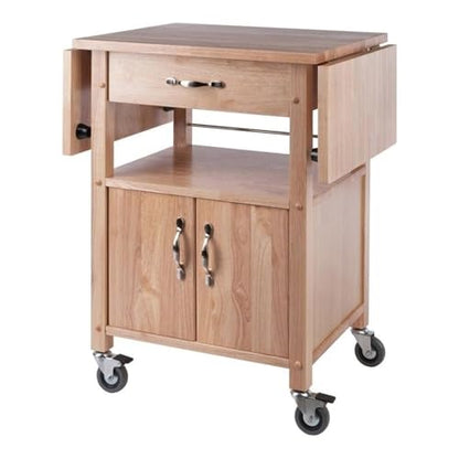 Pemberly Row Solid Wood Butcher Block Kitchen Cart, Natural Finish, Drop Leaf Countertops, Storage Cabinet with Drawer and Shelf, 43.27" W x 20.16" D x 33.27" H, Transitional Style for Kitchen Use