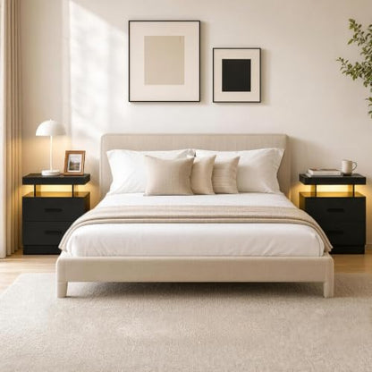 Black LED Nightstand Modern Night Stand with 2 Fabric Drawers for Bedroom | Nightstands with App-Controlled Adjustable LED Lights, Night Stand with Storage Shelf ,Modern Bedside Table for Bedroom - size: Individual
