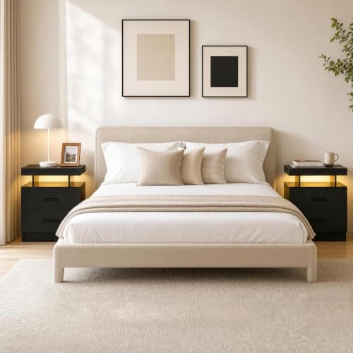 Black Nightstands set of 2 LED Night Stand with 2 Fabric Drawer for Bedroom | Nightstands with App-Controlled Adjustable LED Lights, Night Stand with Storage Shelf ,Modern Bedside Table for Bedroom - size: set of 2