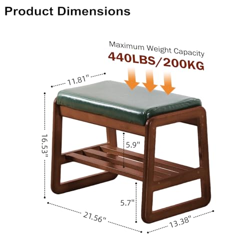 SOBIBO Solid Wood Shoe Bench, 2-Tier Wooden Entryway Bench, Modern Shoe Rack with Faux Leather Cushion for Hallway, Living Room (Green, 21.65'') - color: Green, size: 21.65 inches