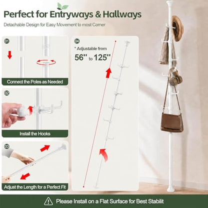 Coat Rack Freestanding, 56 to 125 inch Adjustable Tension Rod Coat Tree with 12 Hooks for Hanging Plant,Coat, Jacket, Hat, Scarf, Suitable for Living Room, Balcony, Kitchen White - color: White