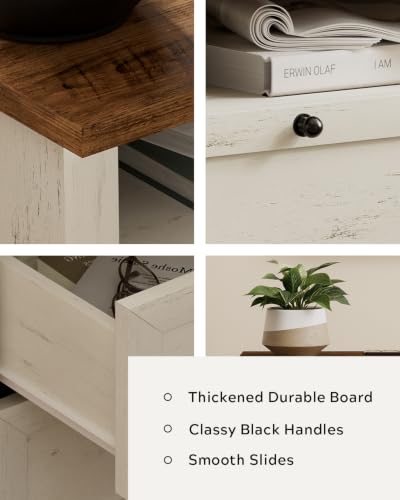 Modern Nightstands Set of 2, Farmhouse End Side Table with Drawer Freestanding Wide Bedside Table for Living Room Bedroom Sofa, Rustic White and Honey Brown - color: 2 Drawers/Rustic White + Honey Brown, size: 2PCS