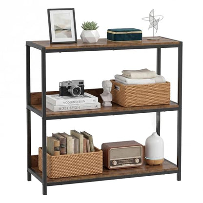 Tangkula 3-Tier Bookshelf, Industrial Small Bookcase with Wooden Shelves and Metal Frame, Rustic Open Display Shelf Storage Organizer for Living Room and Home Office (Rustic Brown, 1 Pack)