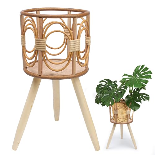 Rattan Plant Stand, Wicker Plants Baskets Indoor, Small, Cute Handmade Woven Wooden Planter with Legs, Boho Style Hollow Flowers Display Rack Straw Standing Floor Stool Shelf for Pot Holder Outdoor Decorations