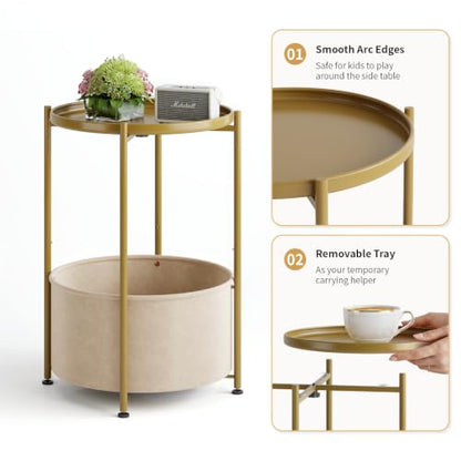 Small Round Side Table with Felt Storage Basket and Removable Tray | Accent Table, Metal End Table with Adjustable Feet, Side Table for Nursery, Bedroom, Living Room, Laundry Room, Gold - color: Gold