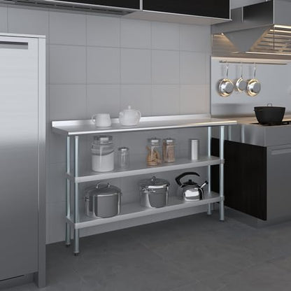 AmGood Stainless Steel Work Table with 1.5" Backsplash and 2 Shelves | Metal Kitchen Food Prep Table | NSF (60" Long x 14" Deep) - size: 60" Long x 14" Deep