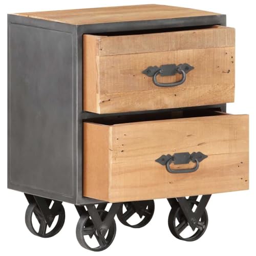 Industrial Nightstand with 2 Drawers, Solid Reclaimed Wood Bedside Table with Steel Frame and Rolling Wheels, 15.7 x 11.8 x 20.1 inch