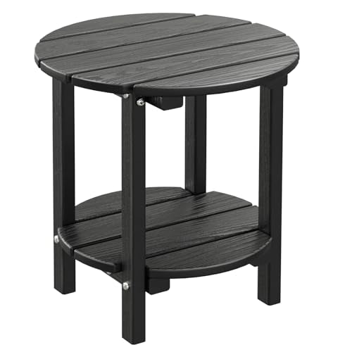 2 Tier Round Outdoor Side Table with Wood-Like Grain, HDPE Adirondack Table Patio Side Table, Weather Resistant End Table for Pool, Patio & Porch, Small Outdoor Table(Black, Round) - color: Black-wood Like, style: Round