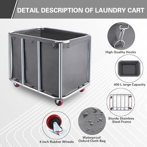 Commercial Laundry Cart with Wheels,400L Large Industrial Laundry Cart,Commercial Laundry Basket with Sturdy Steel Frame and Oxford Bag for Home Hotel Hospital 440 lbs (Off White) - color: Off White