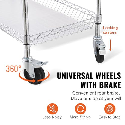 VEVOR Kitchen Utility Cart, 3 Tiers, Wire Rolling Table with 661 LBS Capacity, Steel Service Desk on Wheels, Metal Storage Trolley with 80 mm Deep Basket Curved Handle PP Liner 6 Hooks - size: 18"D x 35"W x 40.9"H
