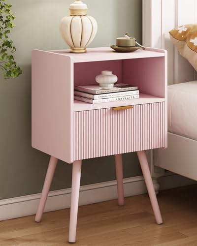 JOONEE Nightstand,Modern Bedside Table with Storage Drawer and Open Wood Shelf, for Living Room, Bedroom and Small Spaces, Accent Night Stand with Solid Wood Legs, Easy Assembly,Classic Pink - color: Pink