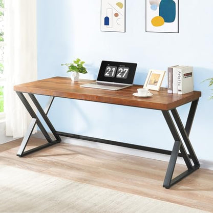 Real Wood Computer Desk, Home Office Solid Wood Writing Desk, Farmhouse Long Natural Wood Executive Work Desk, Industrial Rustic Wooden Metal PC Gaming Office Table Workstation, Brown, 60 in - size: 60 inch