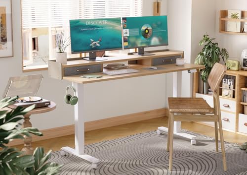 Claiks Standing Desk with Drawers, Adjustable Stand Up Electric Standing Desk Adjustable Height with Storage Shelf and Splice Board, 63 Inch, Natural - color: Nature, size: 63×23.6