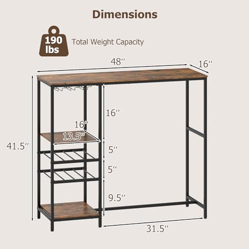 COSTWAY 48" Long Bar Table, Bar Height Dining Table with Storage Shelves, Wine Racks & Stemware Holders, Industrial Breakfast Table for Kitchen Living Room Behind Couch, Rustic Brown