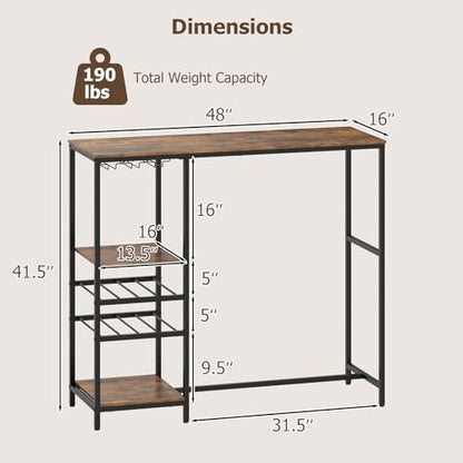COSTWAY 48" Long Bar Table, Bar Height Dining Table with Storage Shelves, Wine Racks & Stemware Holders, Industrial Breakfast Table for Kitchen Living Room Behind Couch, Rustic Brown