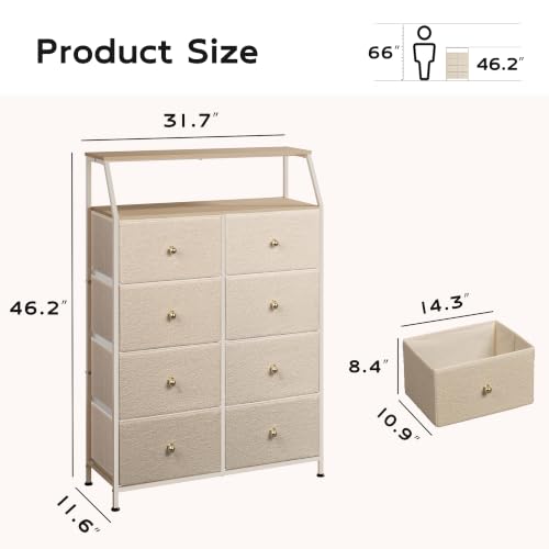 WLIVE Bouclé Dresser for Bedroom, 8 Drawer Fabric Storage Tower Chest,Beige | Premium Bouclé Fabric Dresser, Storage Tower with Open Shelf,Easy Assembly Dresser - color: Beige, style: Raised Shelves