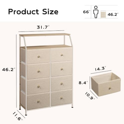 WLIVE Bouclé Dresser for Bedroom, 8 Drawer Fabric Storage Tower Chest,Beige | Premium Bouclé Fabric Dresser, Storage Tower with Open Shelf,Easy Assembly Dresser - color: Beige, style: Raised Shelves