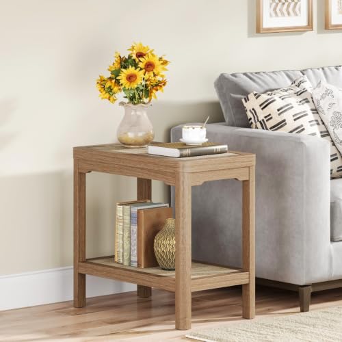 Eclatara Rattan Side Table End Table Nightstand Set of 2 with Round Edge | 2 Tier Rattan Night Stand, Farmhouse Boho Bedside Tables with Ultra-Thick Legs for Bedroom Living Room(Natural Oak,2 Pieces) - color: Natural Oak, Round Edges