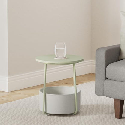 VASAGLE LILEA Collection - Small Round Side End Table, Modern Nightstand with Fabric Basket, Laurel Green and Cream White ULET223C69 - color: Laurel Green + Cream White, size: Round + 1 pack