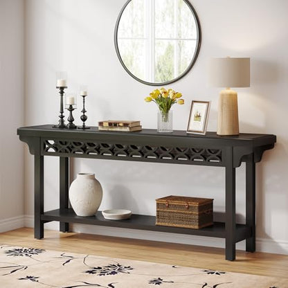 Tribesigns 70.8-Inch Solid Wood Long Console Table, Farmhouse Entryway Table with Storage, Narrow Sofa Table Grey Couch Table for Living Room Entryway Hallway (Black) - color: Black