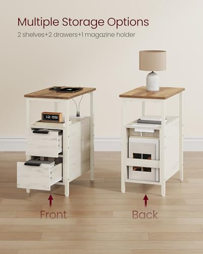 VASAGLE Side End Table with Charging Station, Slim Nightstand with 2 Drawers, Narrow Bedside Table for Living Room, Small Spaces, 18.9 x 11.8 x 24 Inches, Honey Brown and Rustic White ULET324W101S - color: Honey Brown + Rustic White, size: 18.9"D x 11.8"W