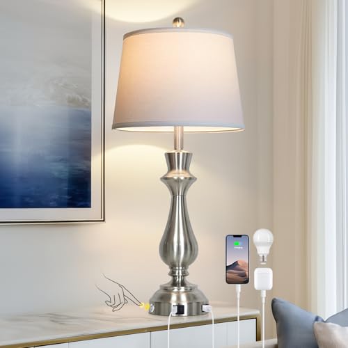 Silver Touch Lamps for Night Stand - 29.5" Tall Bedside Lamp with USB C+A, 3 Way Dimmable Bedroom Lamps, Brushed Nickel Table Lamps for Living Room,Single Silver - color: Silver-1P