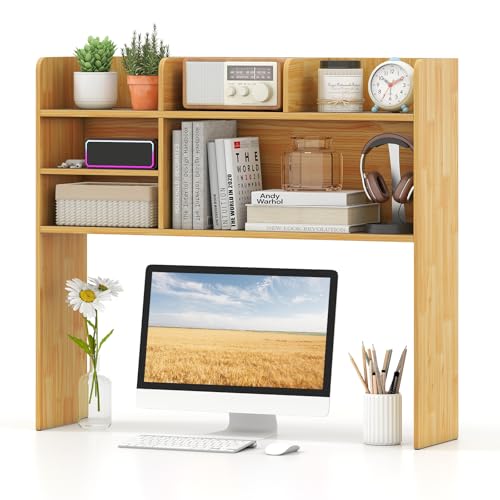 Tangkula Desktop Bookshelf for Computer Up to 32”, 37” Countertop Storage Hutch with 6 Storage Shelves, 3-Tier Desktop Organizer Display Rack, Wooden Desk Hutch for Dorm Home Office (Burlywood) - color: Burlywood, size: 6 Shelves