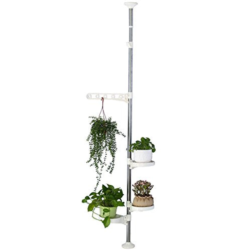 BAOYOUNI Indoor Plant Pole Stand Tension Rod Hanger Window Sill Flower Display Rack Holder Adjustable Corner Vertical Storage Organizer with 3 Trays & 1 Arm for Counter Top, Ivory - color: Ivory, size: 1 x 4 Tier