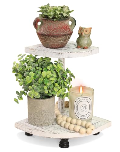 Tikea Decorative Wood Riser for Display, 2-Tier Farmhouse Corner Shelf for Kitchen Bathroom Counter Decor, Farmhouse Riser for Soap Dispenser, Decorations and Plant (White)
