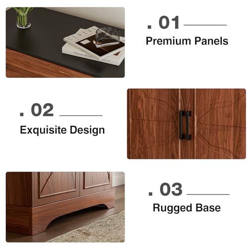 LCRBOL Sideboard with Drawer & Doors, Mid-Century, Matte Black Top & Walnut | 30"W x 15.2"D x 32.2"H, 100 lbs top / 30 lbs shelf, 1 drawer & 2-door cabinet, adjustable shelf, soft-close hinges - color: Walnut