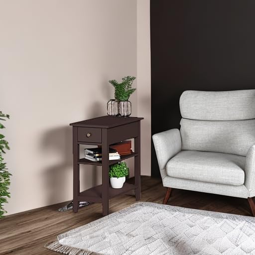 ChooChoo Narrow End Table with Charging Station, Side Table Living Room with USB Ports & Power Outlets and Hidden Drawer, 3-Tier Skinny Nightstand with 2 Open Storage Shelves For Small Place(Espresso) - color: Espresso