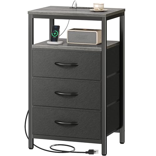 Huuger Nightstand with Charging Station, 27.6 Inch End Table Bedside Table with USB Ports and Outlets, Fabric Drawers, Night Stand for Bedroom, Charcoal Gray - color: Charcoal Gray and Black, size: 11.8"D x 15.7"W x 27.6"H (3 Drawers)