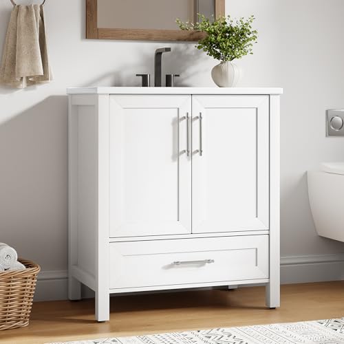 IDEALHOUSE 30" Bathroom Vanity with Sink, Freestanding Wooden Bathroom Vanity Cabinet with Soft-Closing Door and Metal Handle, Modern Floor Standing Storage for Small Spaces,White - size: 30in
