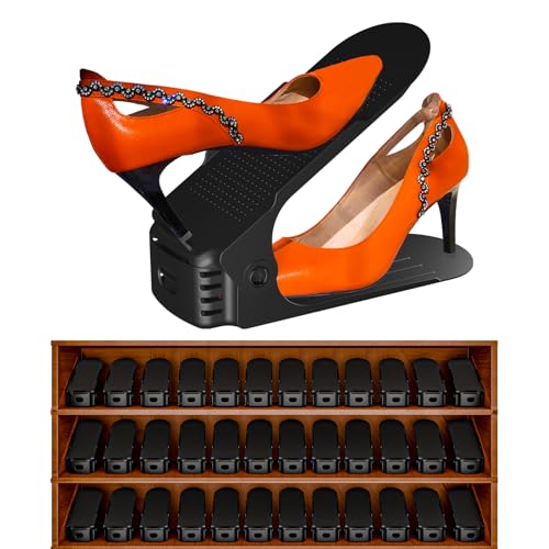 36 Pack Adjustable 50% Space-saving Shoe Slots Organizer, Black | Save shoe cabinet space, Anti-slip, Easy to clean, Four level height, for slippers, sports shoes, sneakers, heels - color: Black, size: 36PCS