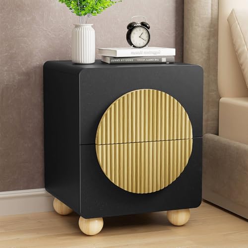23" Black Nightstand with Solid Wood Legs, Modern Style Fluted Bedside Table with Round Moon Handle & Storage, Mid Century Cute Night Stand for Bedroom, Side Table, End Table - color: Yp-black, size: 1 PCS