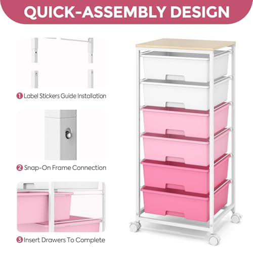 Rolling Storage Cart with 6 Drawers and Wooden Tabletop, Lockable Wheels Utility Cart for Art Studios, Office Supplies & Craft Room Organization (Pink) - color: Pink
