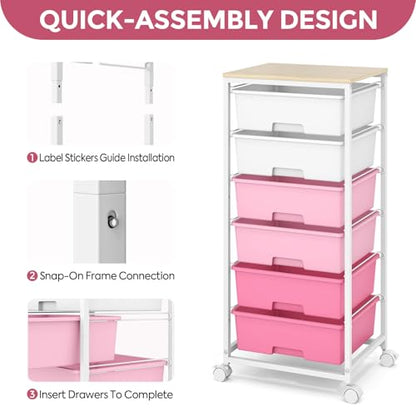 Rolling Storage Cart with 6 Drawers and Wooden Tabletop, Lockable Wheels Utility Cart for Art Studios, Office Supplies & Craft Room Organization (Pink) - color: Pink