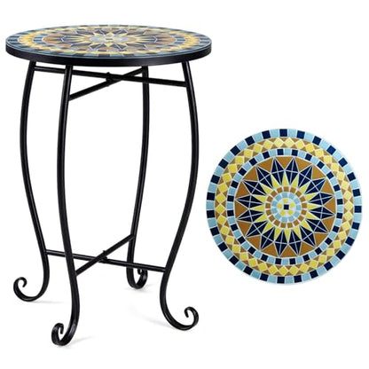 Giantex Outdoor Side Table, Bright Sunflower Mosaic Patio Accent Table, 14" Coffee End Table, Indoor Outdoor Metal Plant Stand for Porch Garden Balcony Desk, Metal Cobalt Glass Top - style: Bright Sunflower