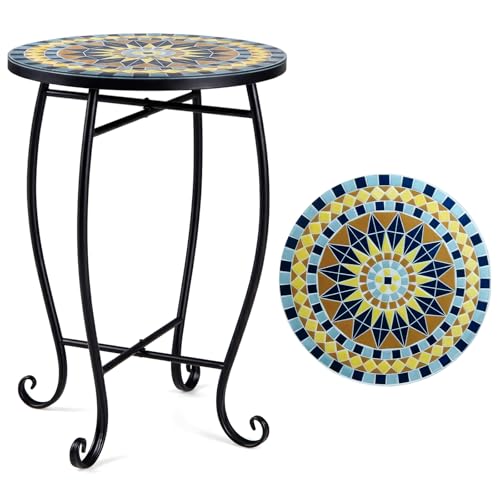 Giantex Outdoor Side Table, Bright Sunflower Mosaic Patio Accent Table, 14" Coffee End Table, Indoor Outdoor Metal Plant Stand for Porch Garden Balcony Desk, Metal Cobalt Glass Top - style: Bright Sunflower
