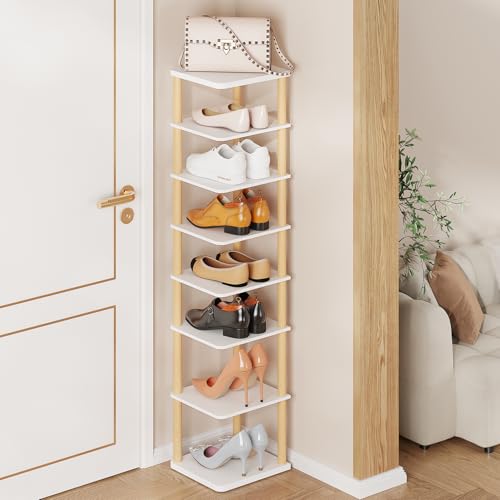 8 Tiers Vertical Shoe Rack, Tall Narrow Shoe Tower, Corner Shoe Rack, White | Small Shoe Organizer for Entryway, Closet, Dorm & Small Spaces, Freestanding Wooden Shoe Shelf for Boots, Sneakers, Heels. - color: White
