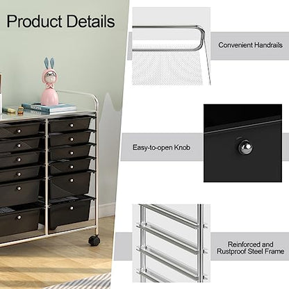 DREAMADE Rolling Cart with Storage Drawers, Utility Cart with Removable Plastic Drawers, Lockable Wheels, Art Cart for Classroom Organization Art Supplies Office Scrapbook (12 Drawers, Black) - color: Black, style: 12 Drawers