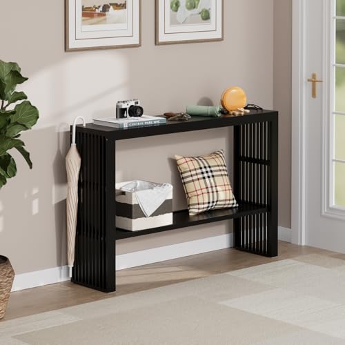 47-Inch Console Table with Storage, 2-Tier Narrow Entryway Table,Black | 100% Natural Bamboo slim profile, reinforced angled frame versatile wall-side placement - color: Black, style: 2-TIER