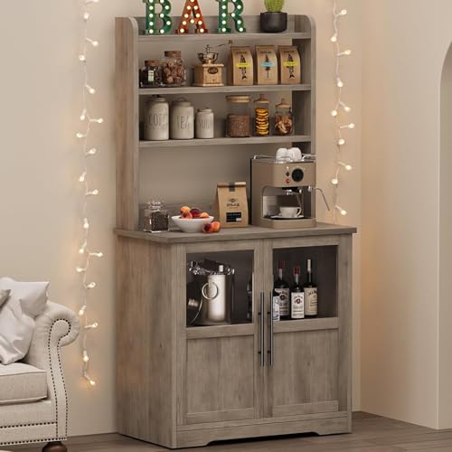 IDEALHOUSE Bakers Rack With Storage Cabinet, Microwave Stand With Power Outlets, Farmhouse Bakers Rack With Thick Table Top, Small Kitchen Pantry for Kitchen,Dining Room,Retro Gray - color: Retro Gray, size: with 2 Glass Door