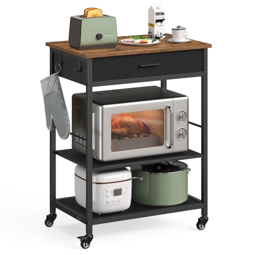 VASAGLE Kitchen Rolling Island, Mobile Kitchen Cart with Storage on Wheels, 17.7 x 23.6 x 35.4 Inches, Drawer, 2 Hooks, for Dining Room, Rustic Brown and Ink Black UKKI007KD01 - color: Rustic Brown + Ink Black, size: 17.7"D x 23.6"W x 35.4"H
